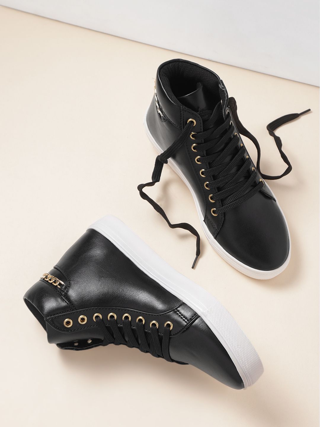 DressBerry Women Black Solid Mid-Top Sneakers with Chain Detail