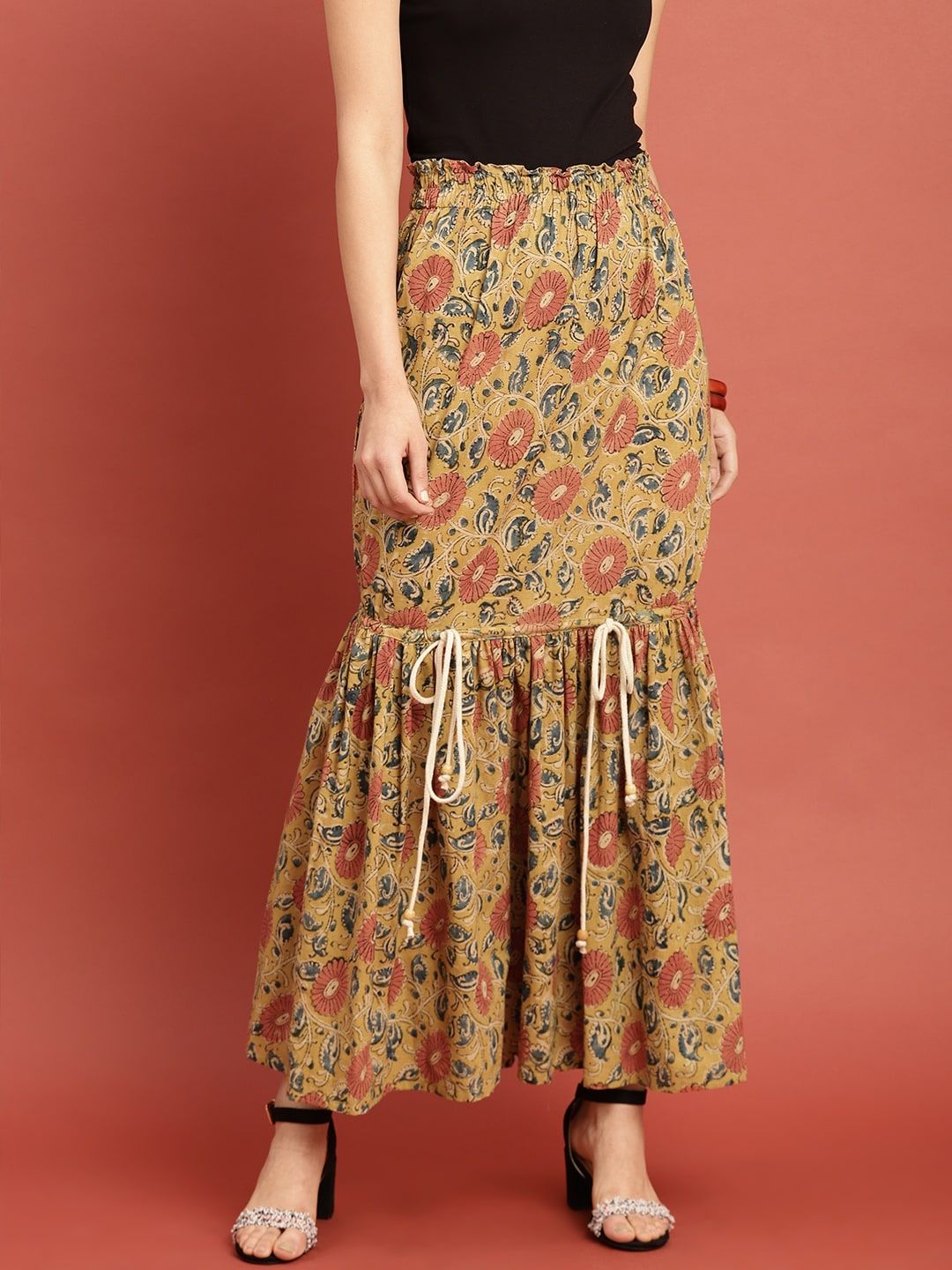 Taavi Women Mustard Yellow Kalamkari Hand Block Print A-Line Sustainable Maxi Pure Cotton Skirt with Tie-ups