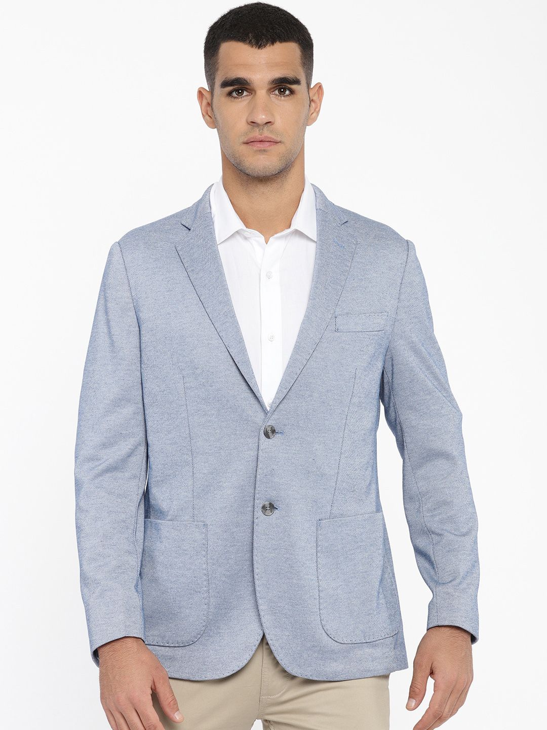 U.S. Polo Assn. Men Blue Self Design Single-Breasted Smart Casual Blazer