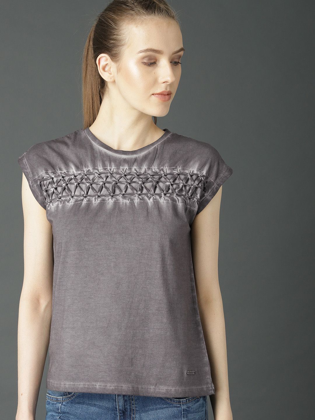 Roadster Women Charcoal Grey Washed Braided Yoke Pure Cotton Top