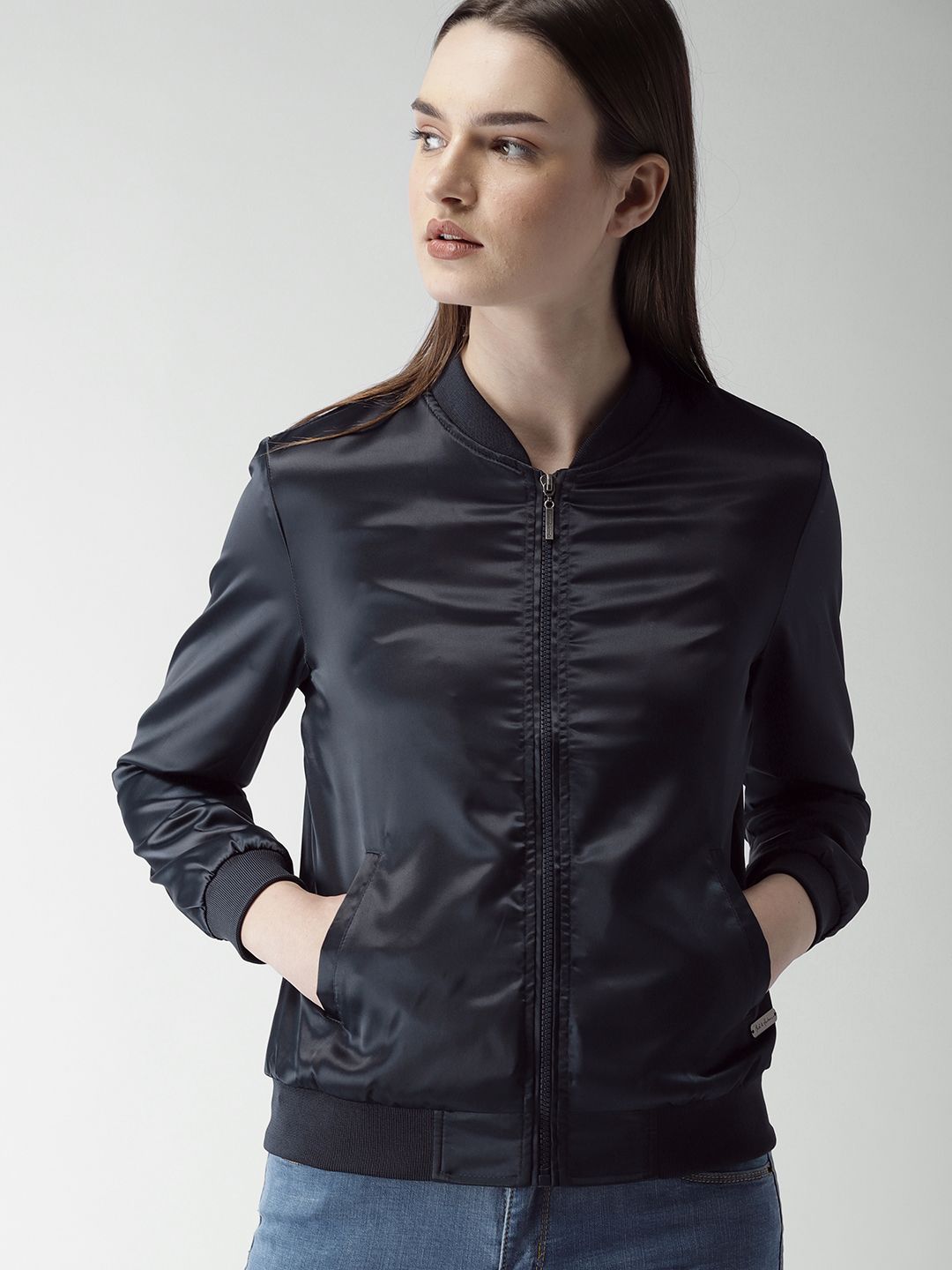 Mast & Harbour Women Navy Blue Solid Bomber