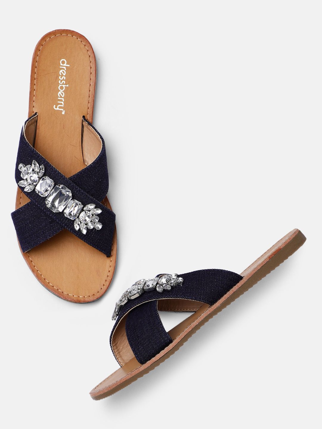 DressBerry Women Navy Blue Embellished Open Toe Flats