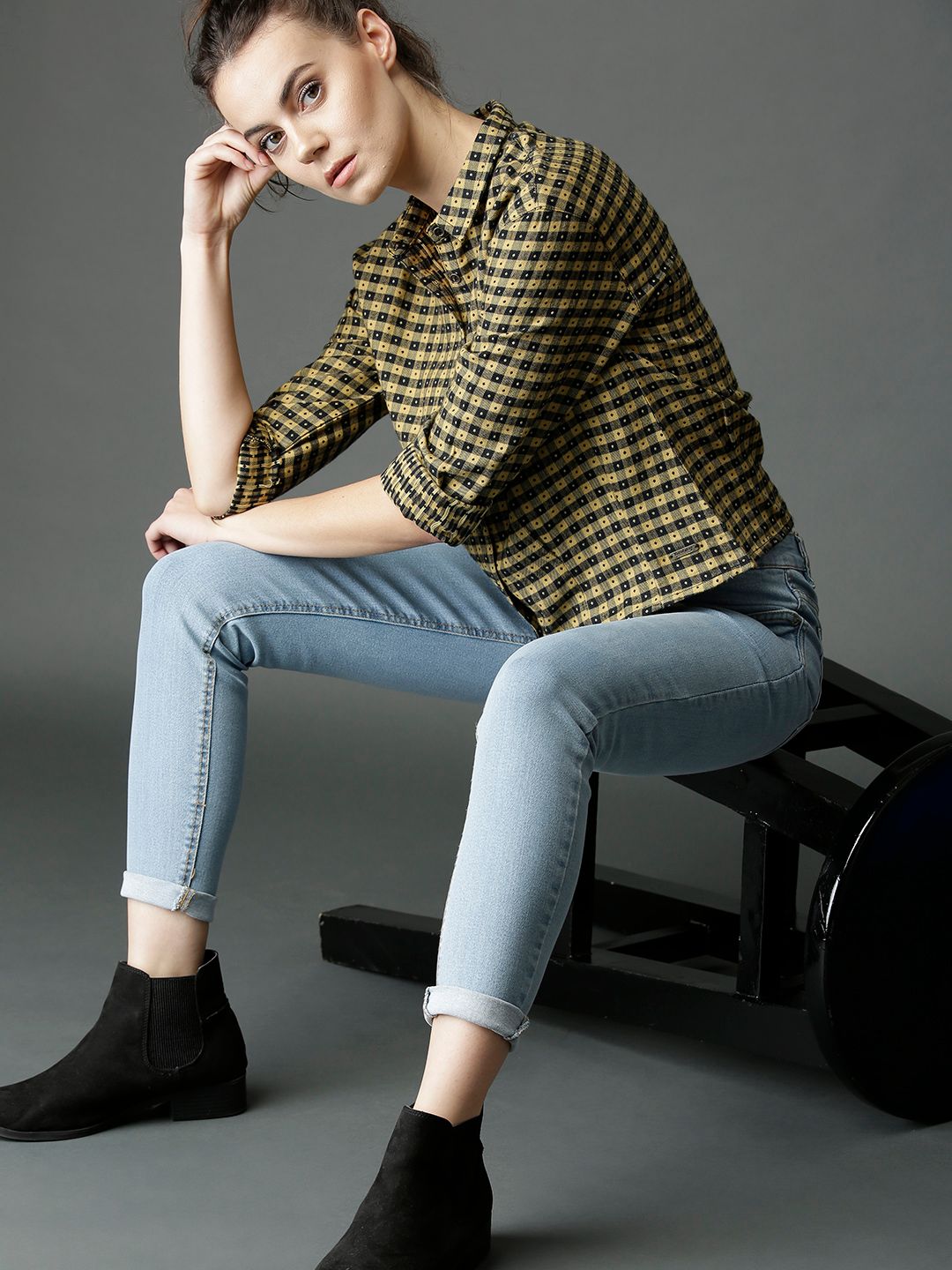 Roadster Women Mustard Yellow & Black Boxy Fit Dobby Checked Shirt