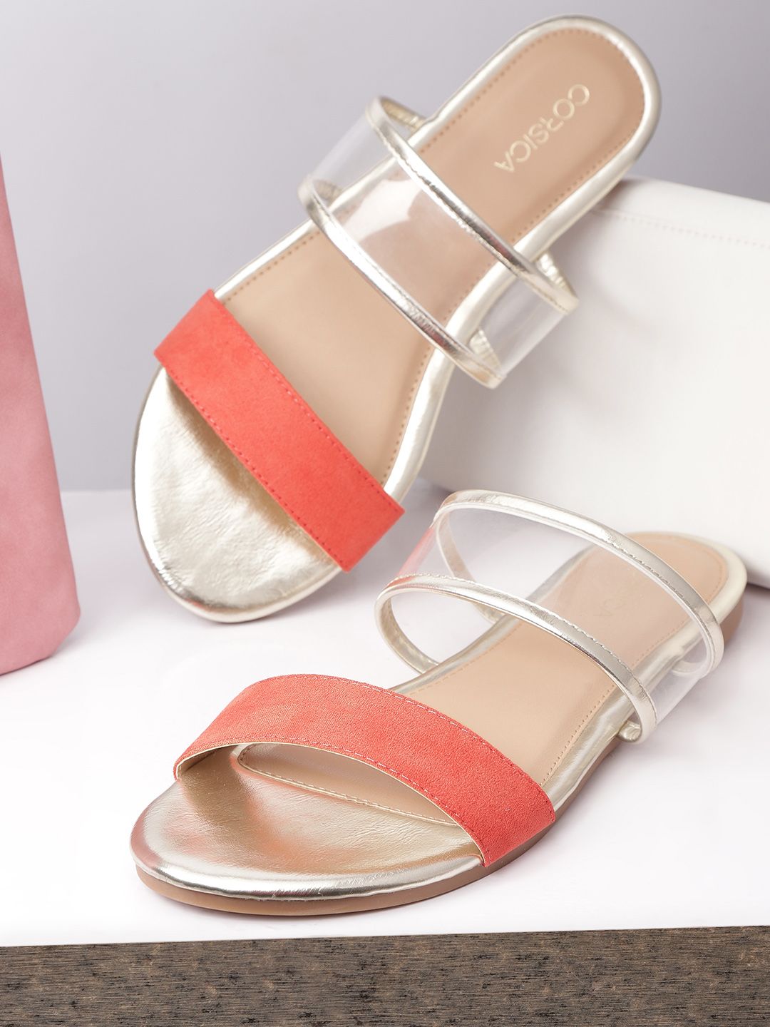 CORSICA Women Orange & Transparent Colourblocked Open Toe Flats