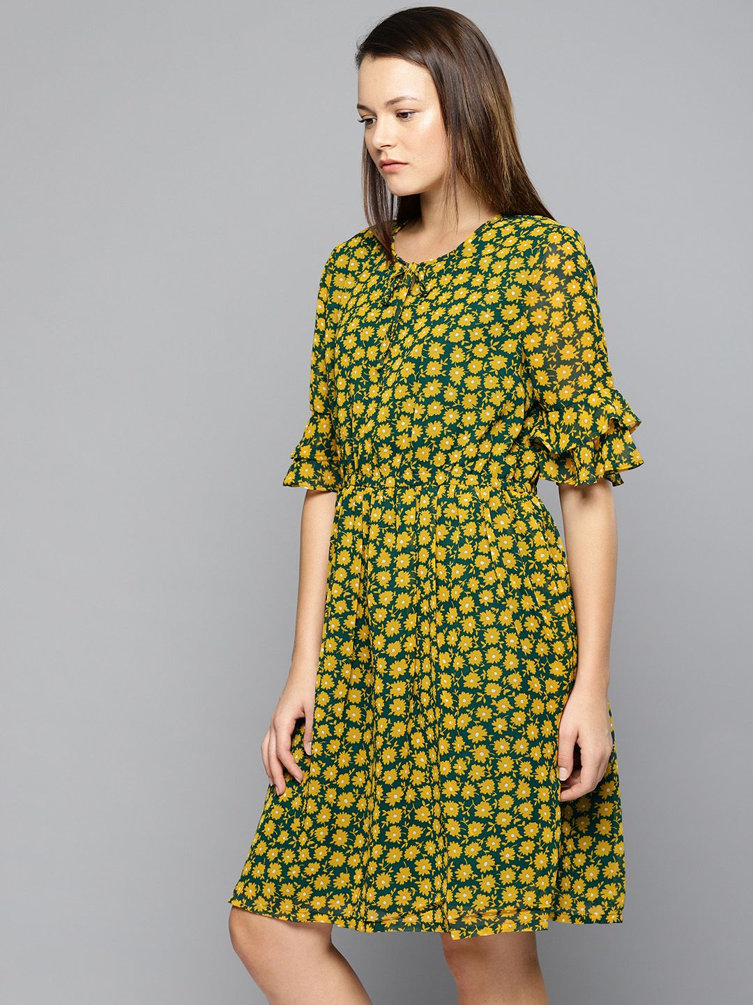 Chemistry Women Green & Mustard Yellow Printed Fit and Flare Dress