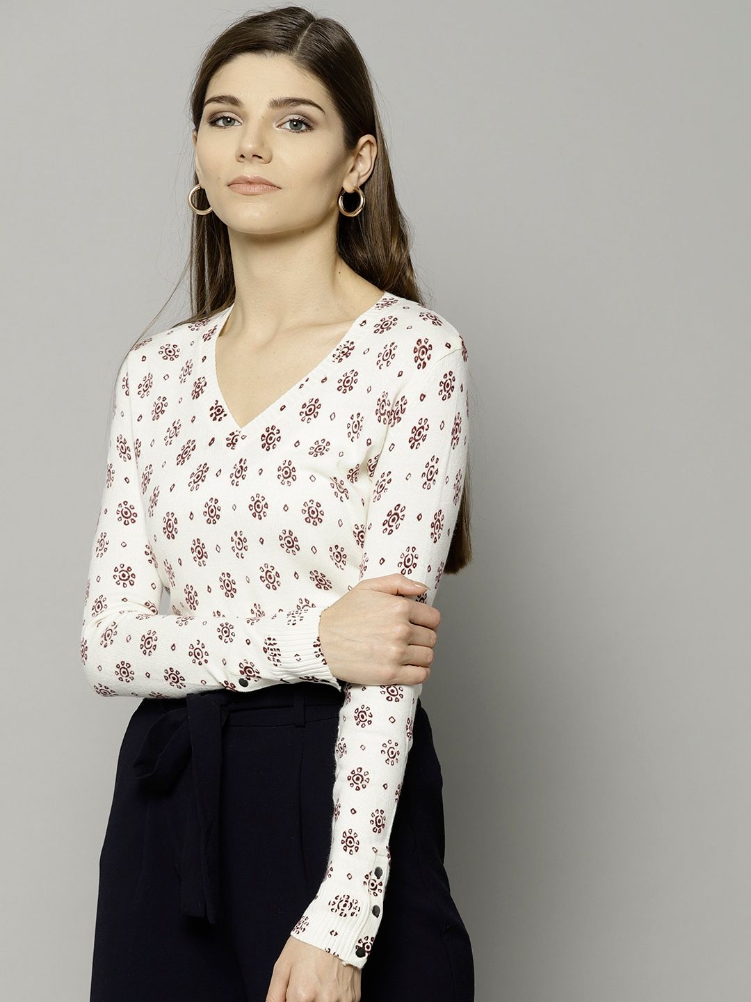 Marks & Spencer Women Off-White & Burgundy Printed Pullover