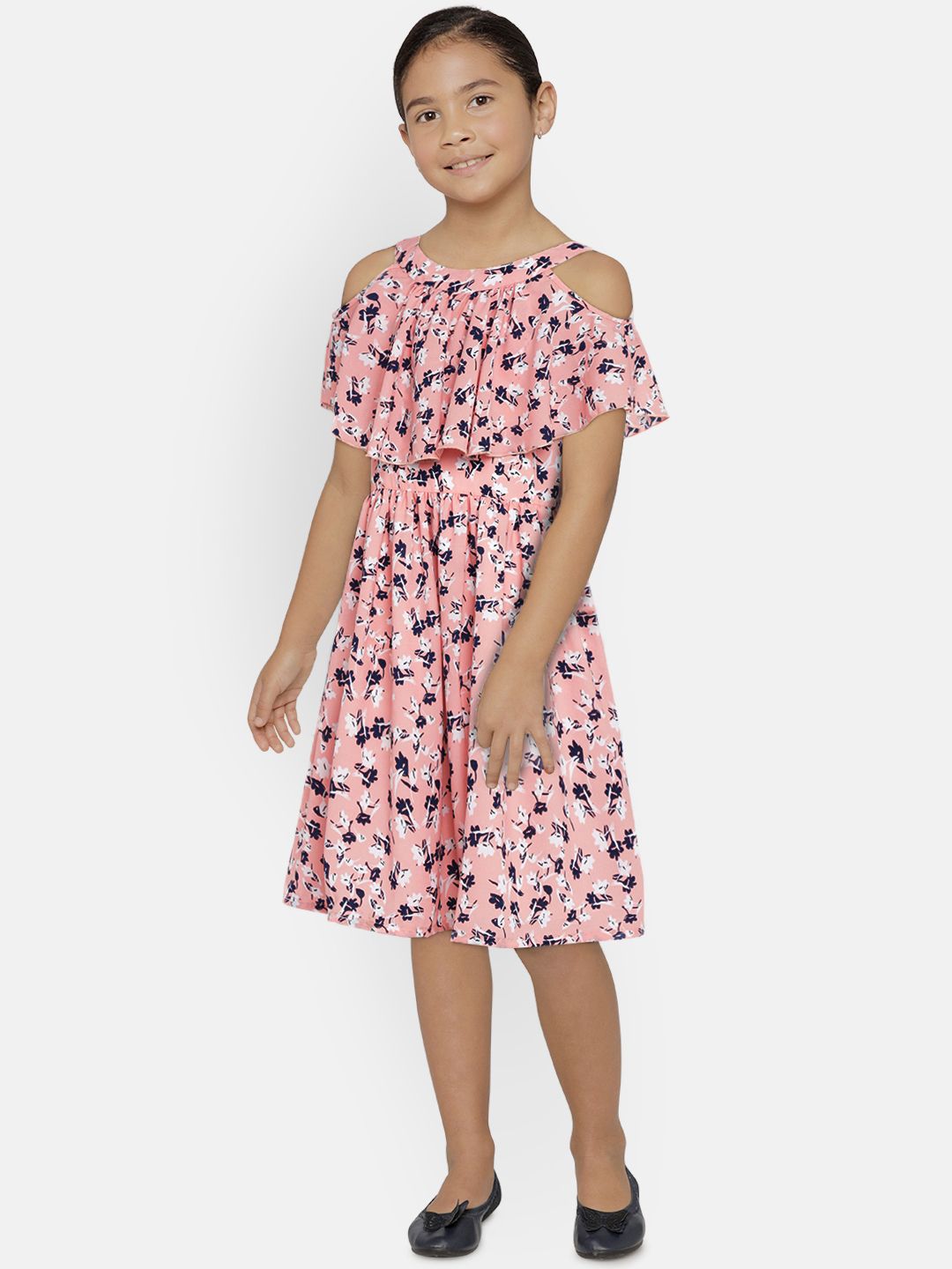 YK Girls Peach Printed Fit and Flare Dress