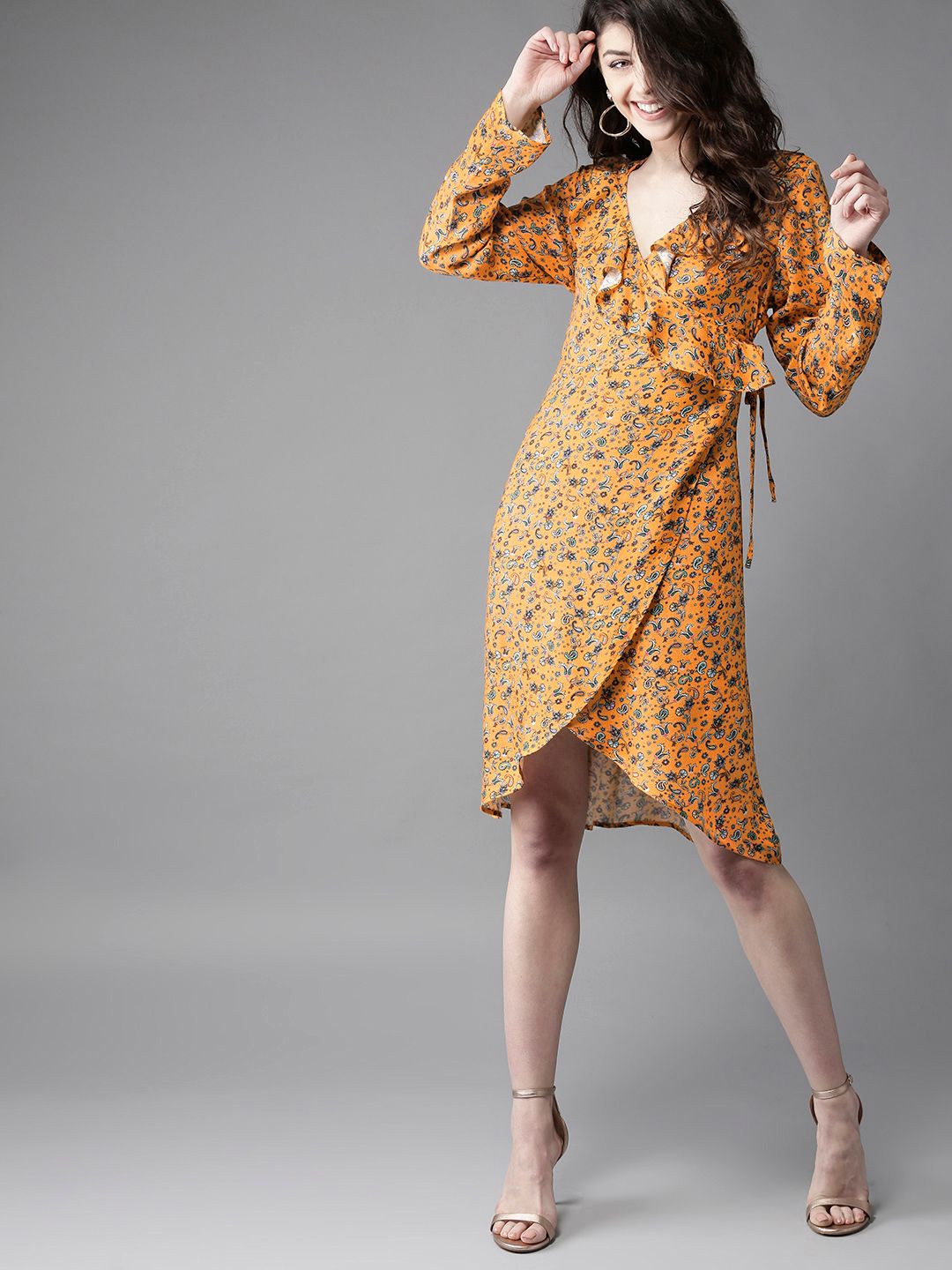 Moda Rapido Women Orange & Black Printed Wrap Dress