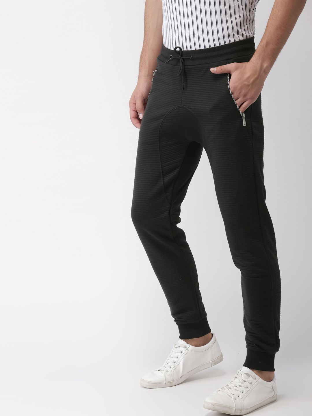 Mast & Harbour Men Black Slim Fit Self-Striped Solid Joggers