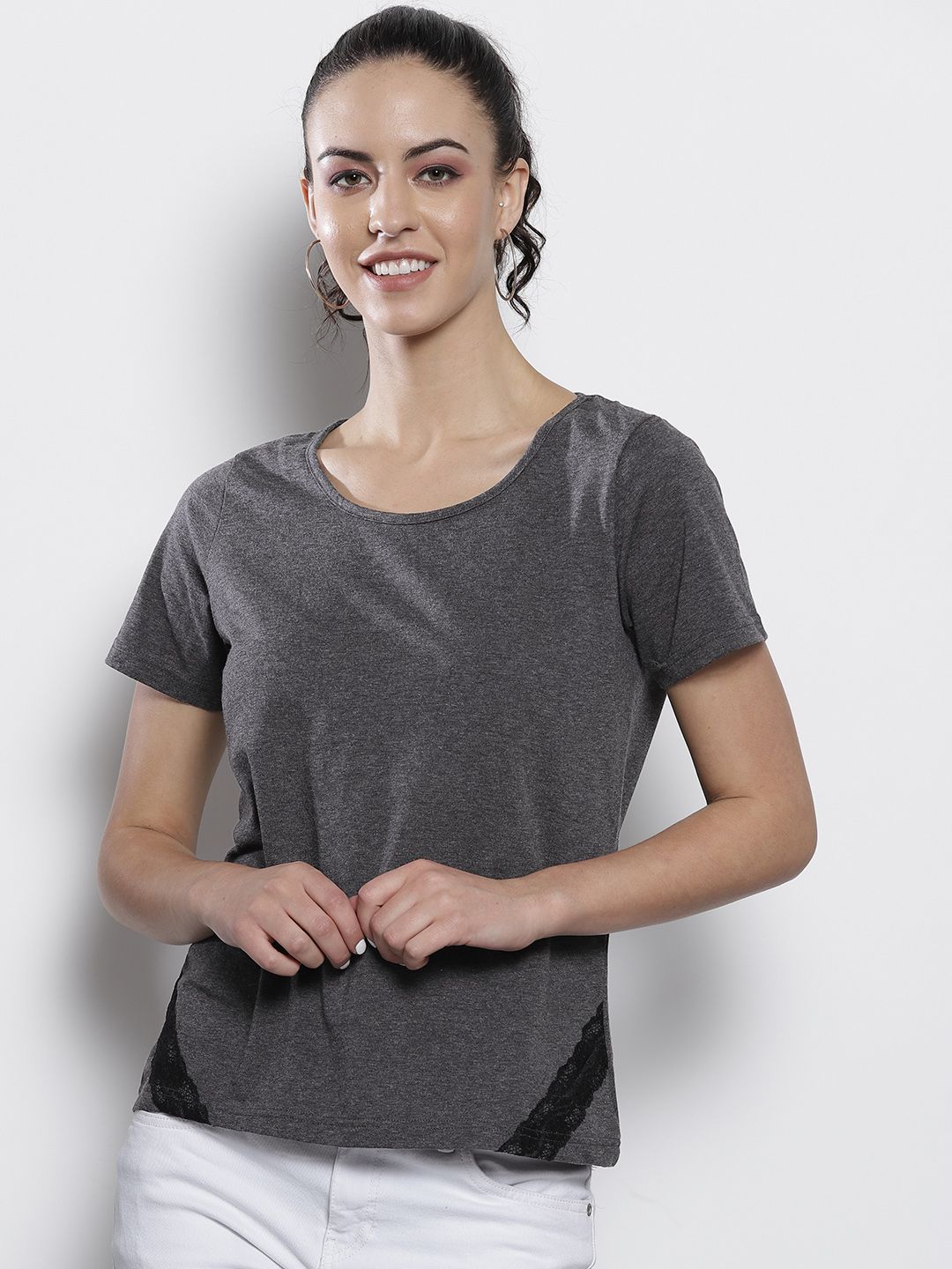 DOROTHY PERKINS Women Charcoal Grey Solid Round Neck T-shirt