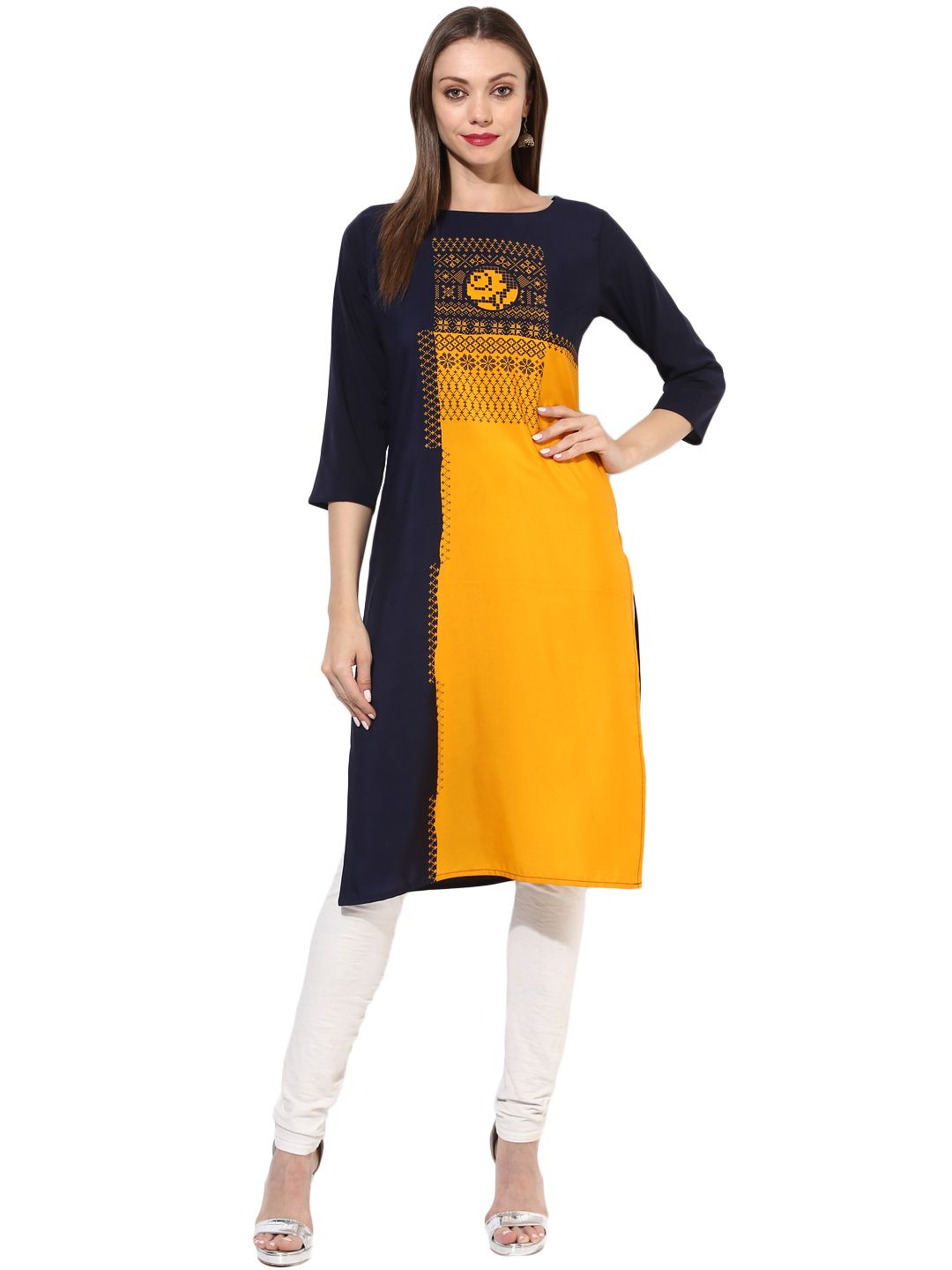 Vaamsi Women Yellow & Black Printed Straight Kurta