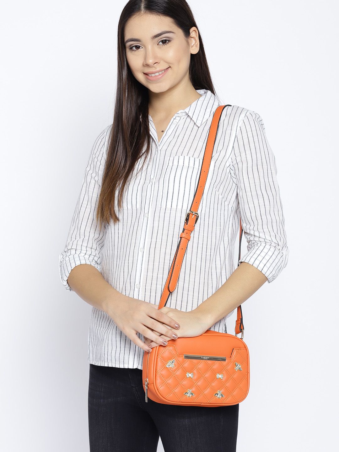 Dune London Orange Embellished Sling Bag with Quilted Detail