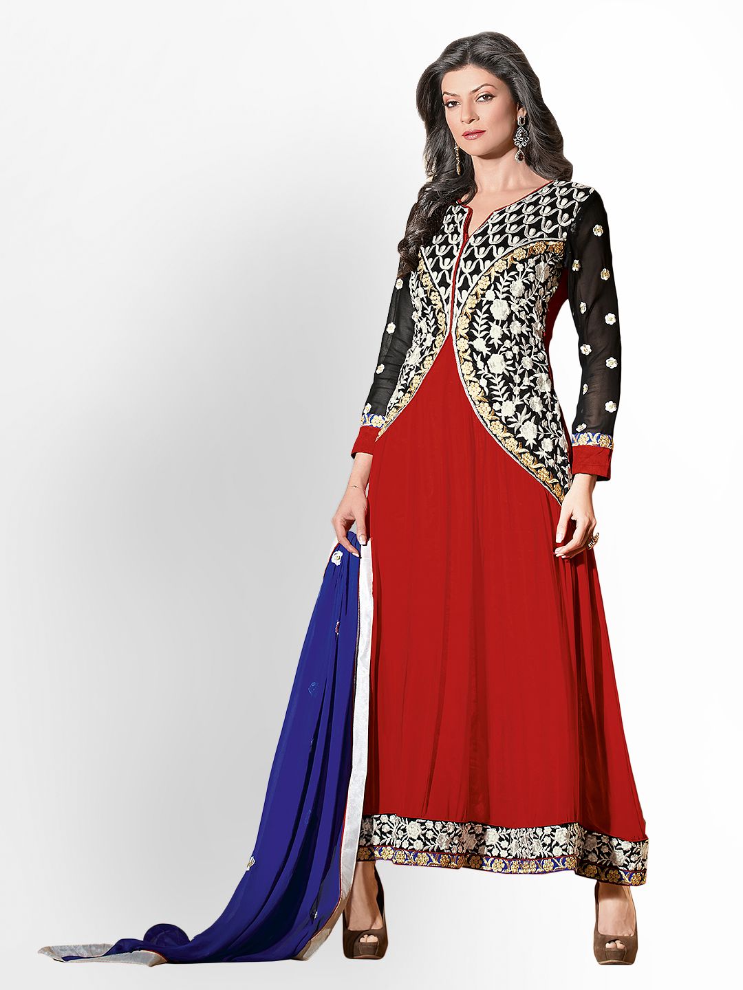 Florence Black & Red Georgette Unstitched Anarkali Dress Material