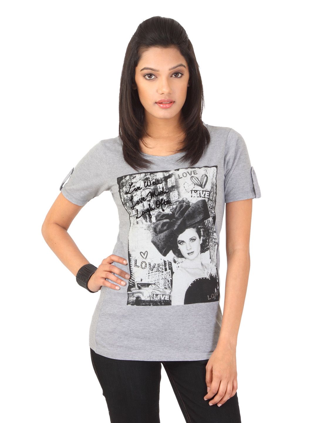 Flying Machine Women Grey Printed Pure Cotton T-shirt