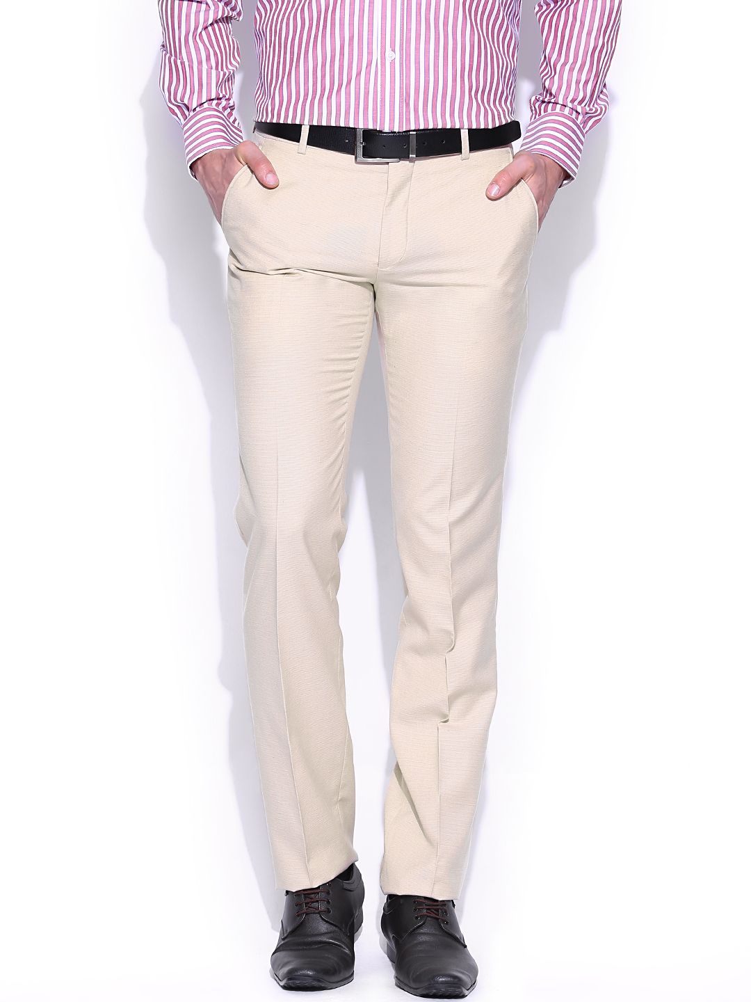 John Players Men Beige Slim Fit Formal Trousers