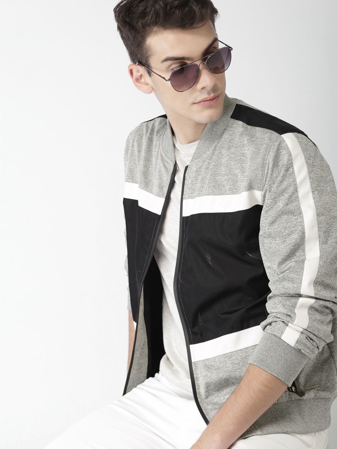 Mast & Harbour Men Grey &Black Colourblocked Bomber Jacket