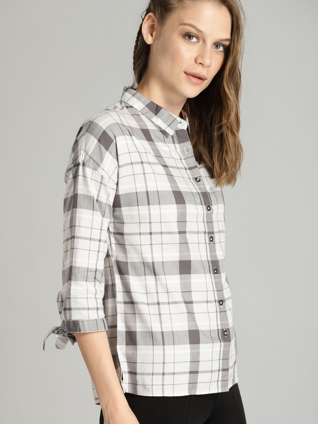 Roadster Women Off-White & Grey Regular Fit Checked Casual Shirt