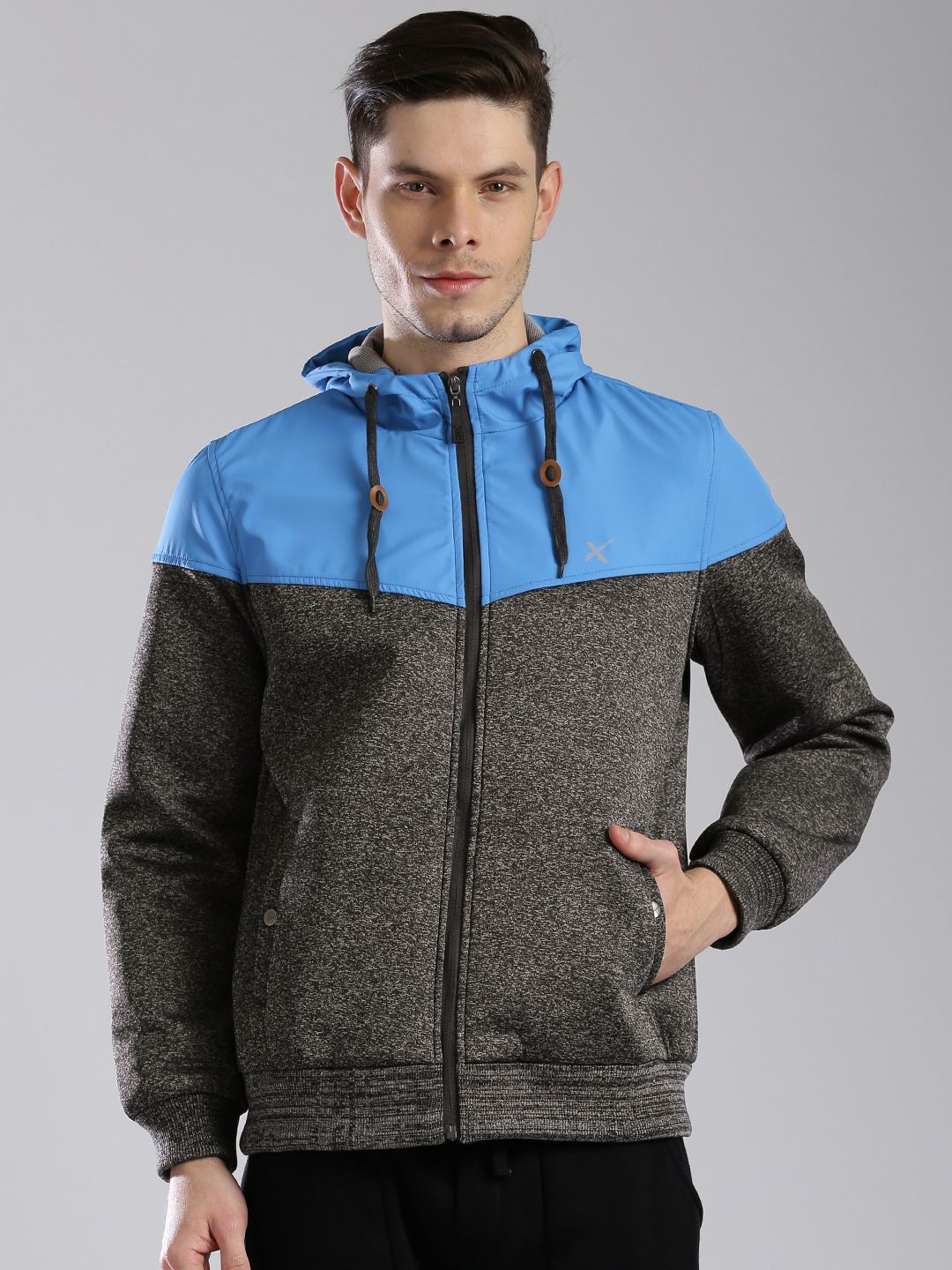 HRX by Hrithik Roshan Charcoal Grey & Blue Hooded Padded Jacket