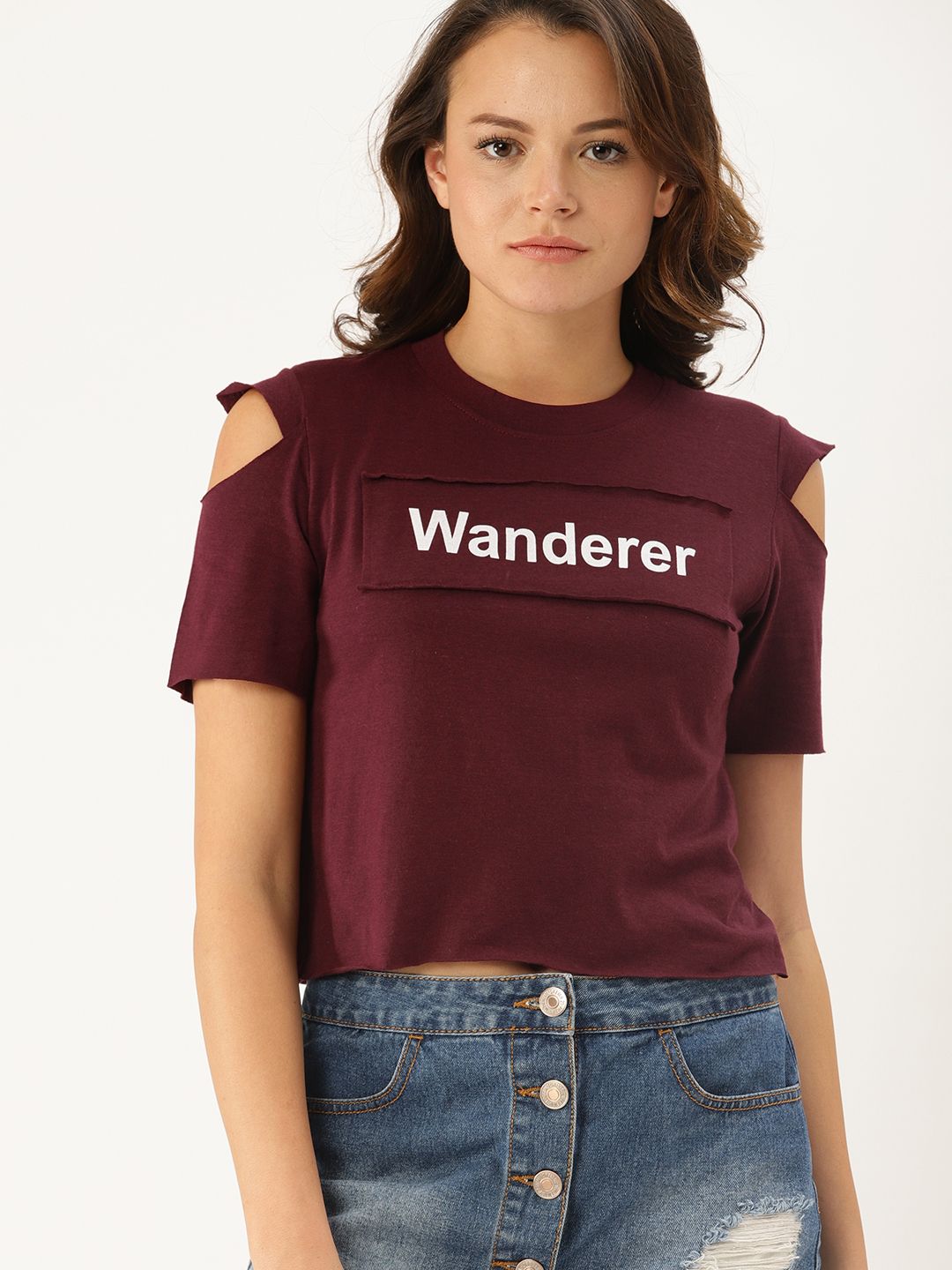 DressBerry Women Burgundy Printed Round Neck T-shirt