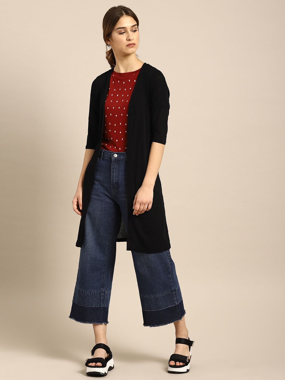 ether Black Solid Open-Front Longline Shrug with Belt