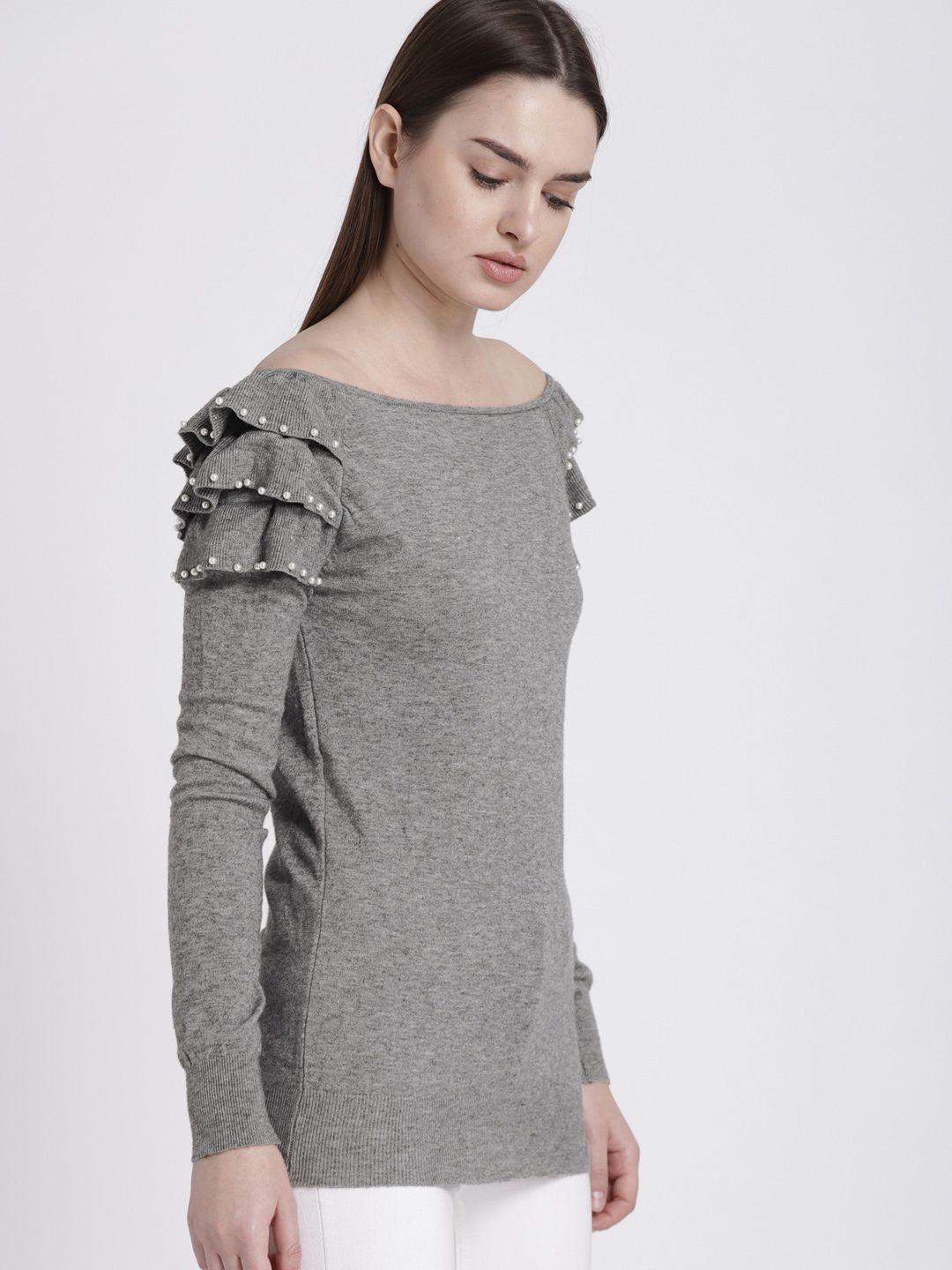 Chemistry Women Grey Embellished Ruffled Off-Shoulder Sweater