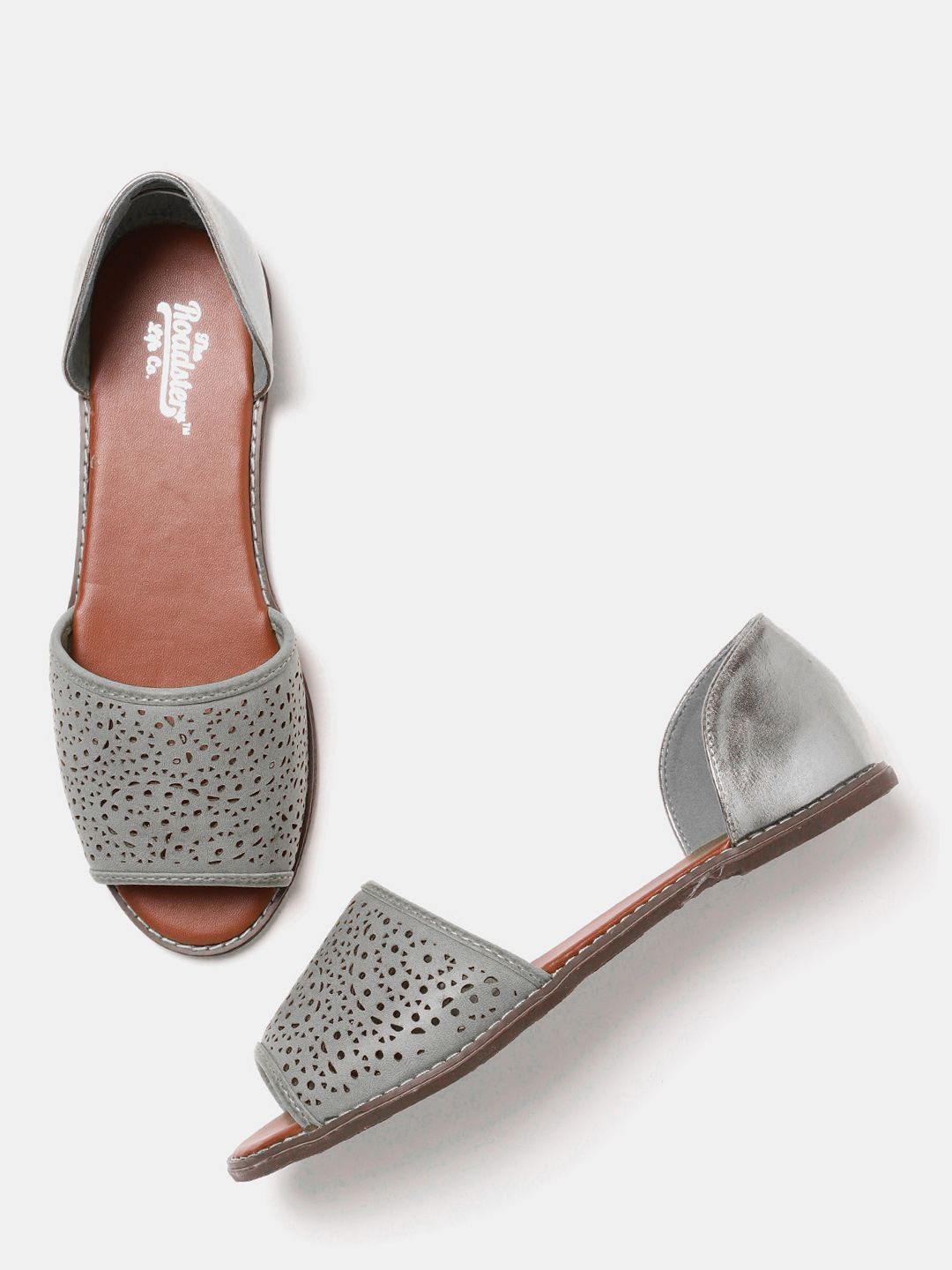Roadster Women Grey & Gunmetal-Toned Open Toe Flats with Laser Cuts