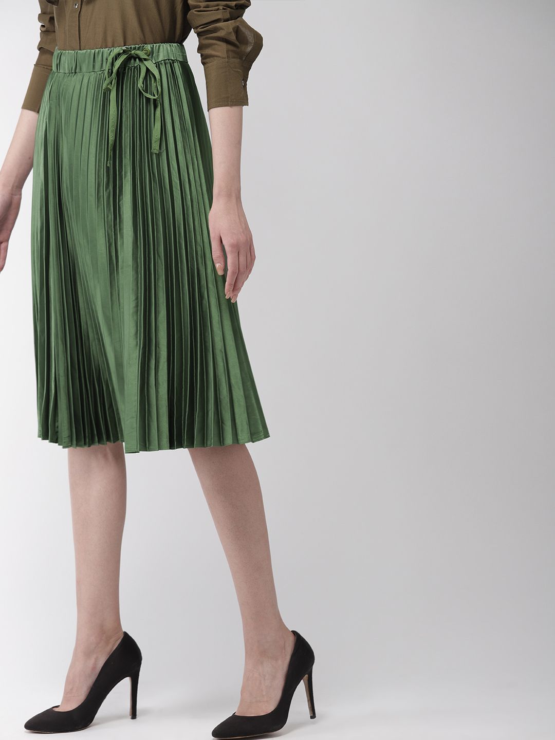 Scotch & Soda Women Green Solid Pleated A-Line Skirt