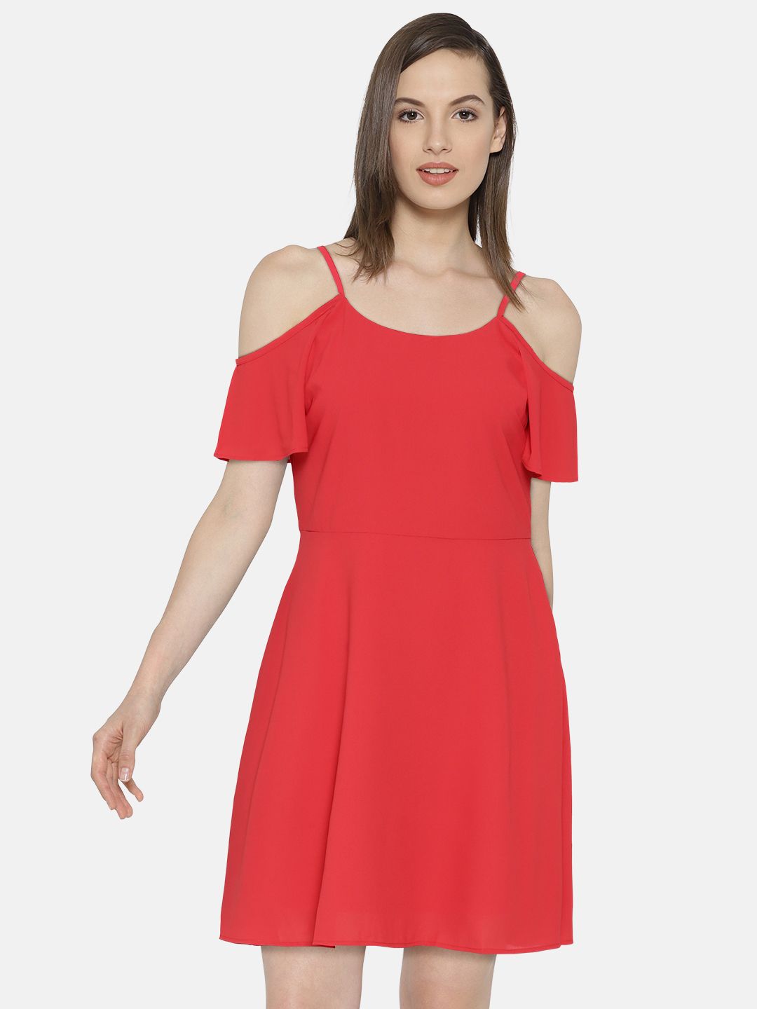 20Dresses Women Coral Red Solid Fit & Flare Dress