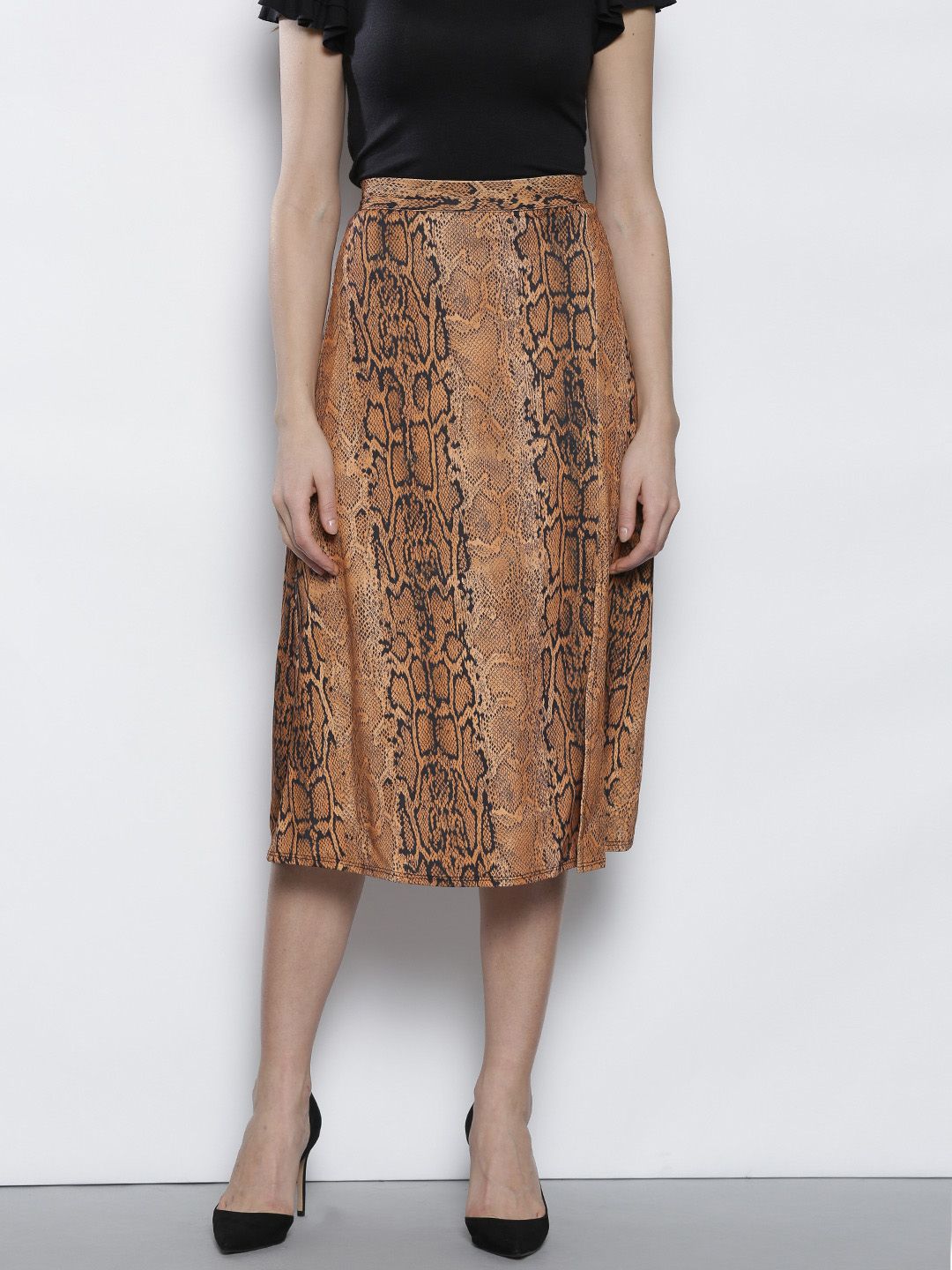 DOROTHY PERKINS Women Brown & Black Snake Skin Print Flared Skirt