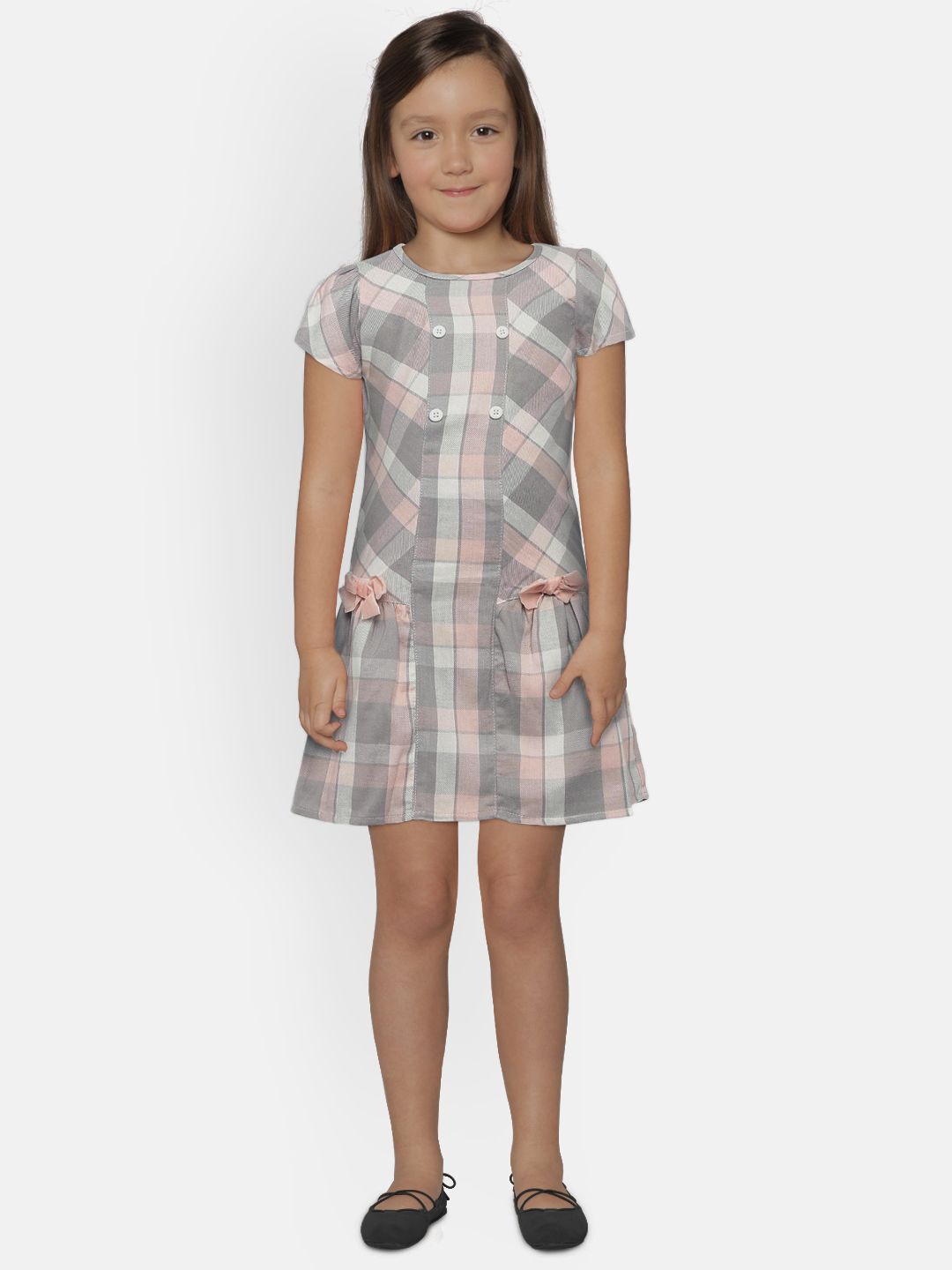 Chloe Louise Girls Pink & Grey Checked Drop-Waist Dress