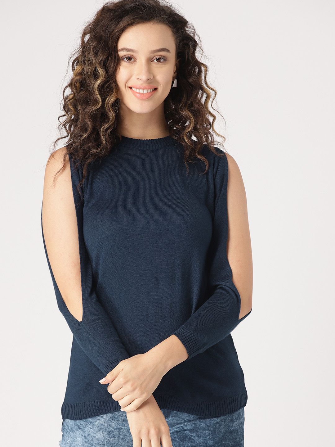 DressBerry Women Navy Blue Solid Sweater