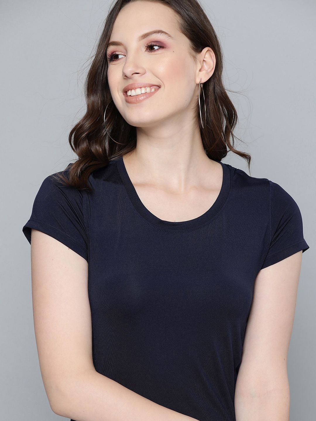 Mast & Harbour Women Navy Blue Solid Round Neck T-shirt