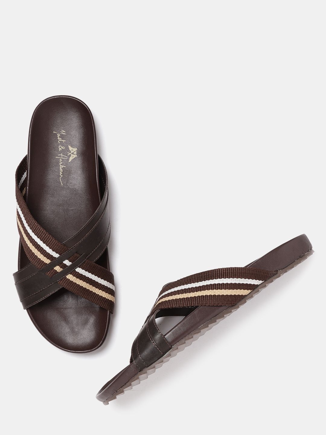 Mast & Harbour Men Coffee Brown Striped Comfort Sandals