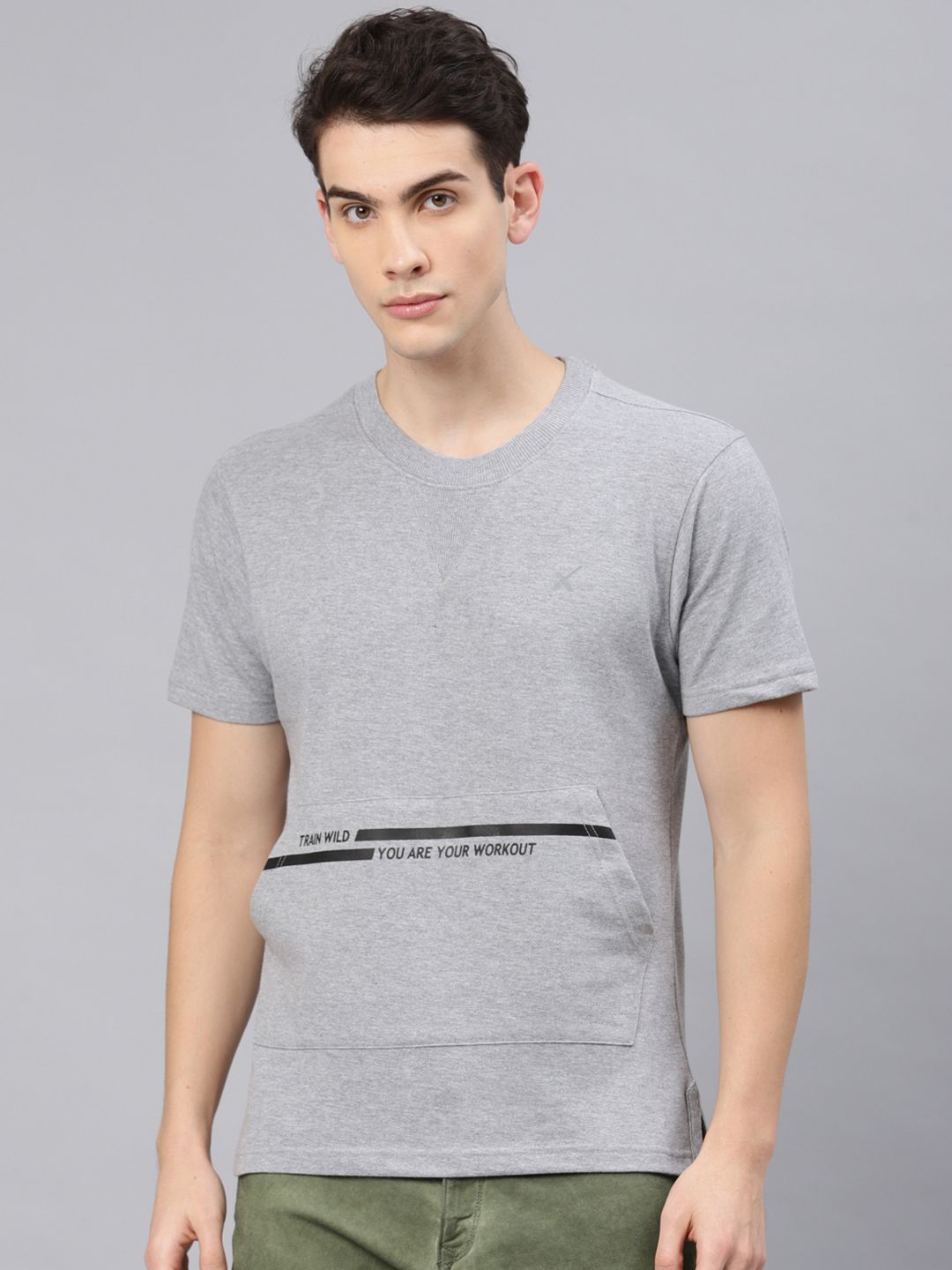 HRX by Hrithik Roshan Men Grey Melange Solid Round Neck T-shirt