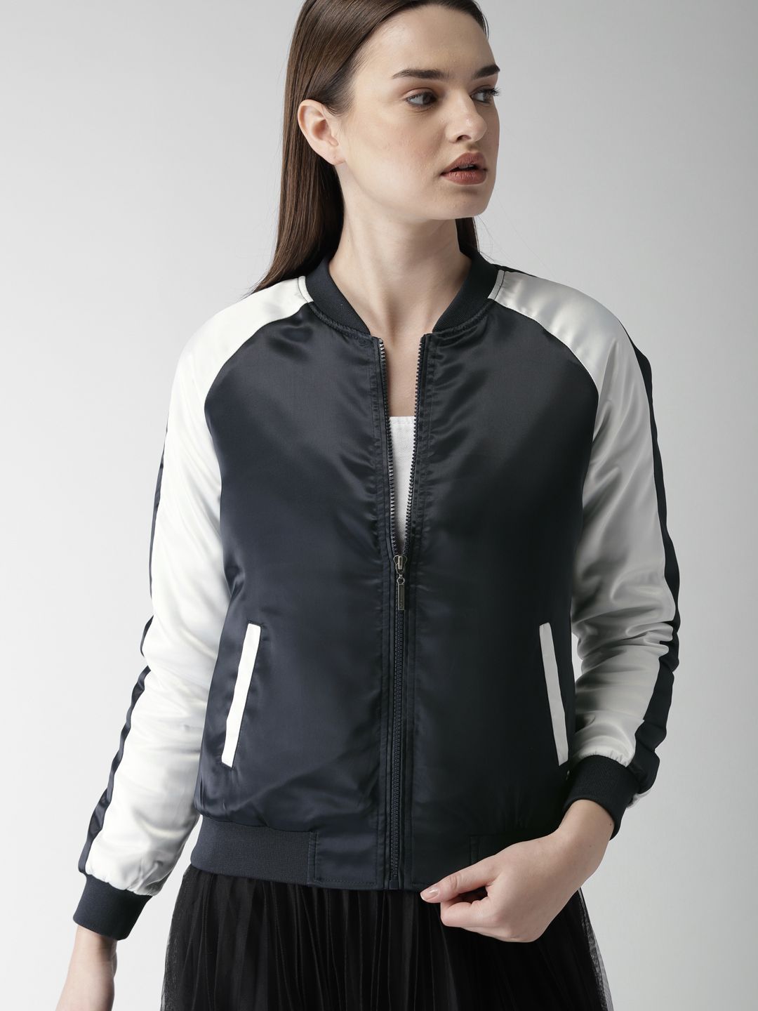 Mast & Harbour Women Navy Blue & White Colourblocked Bomber
