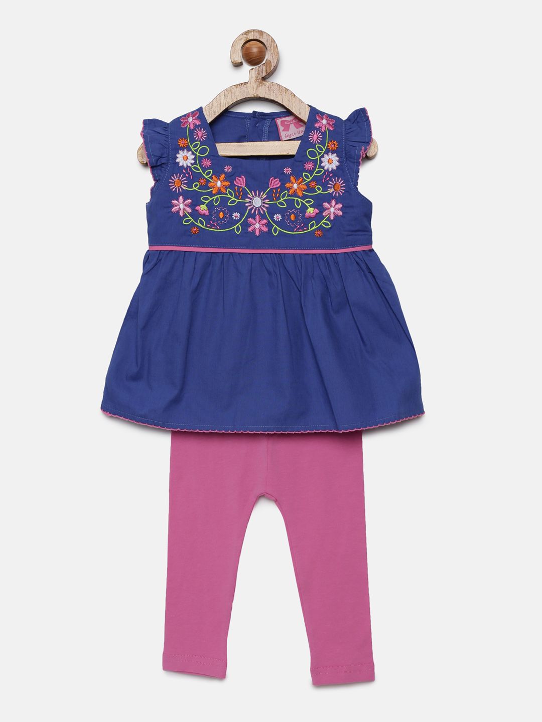 Mini Moi Girls Navy Blue & Pink Printed Tunic With Leggings