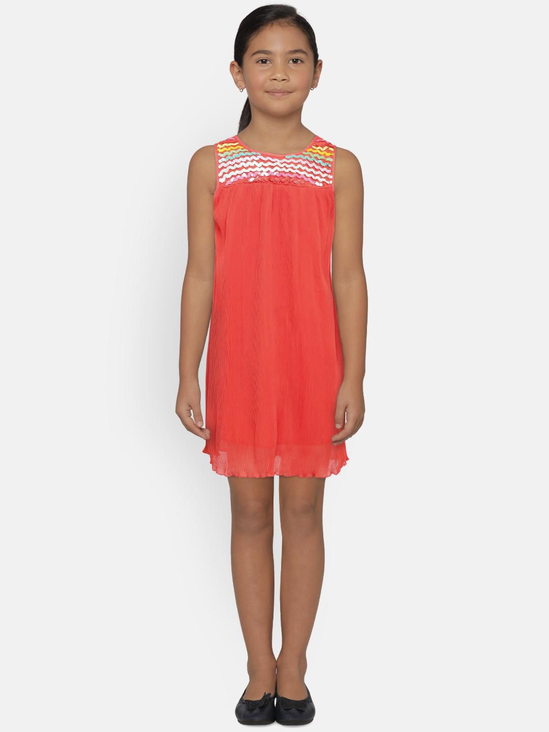 Mini Moi Girls Coral Self Design A-Line Dress