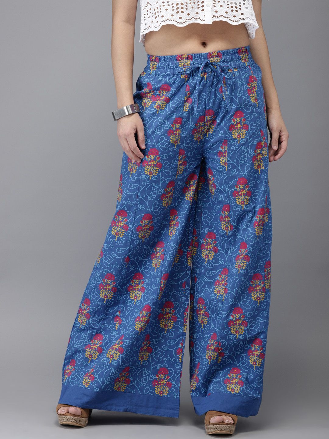 HERE&NOW Women Blue & Pink Printed Flared Palazzos