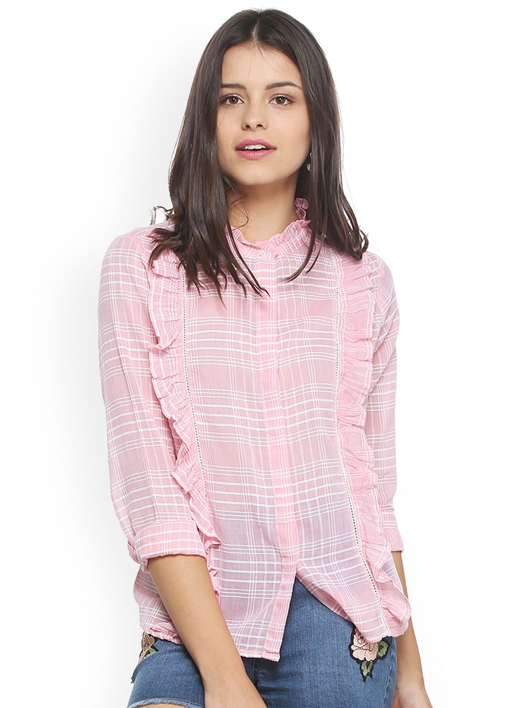 People Women Pink Regular Fit Checked Casual Shirt