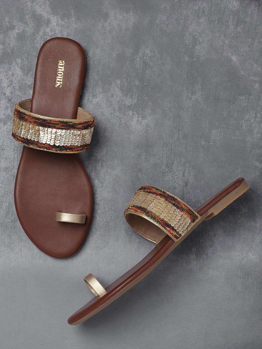 Anouk Women Gold-Toned & Brown Sequinned One Toe Flats