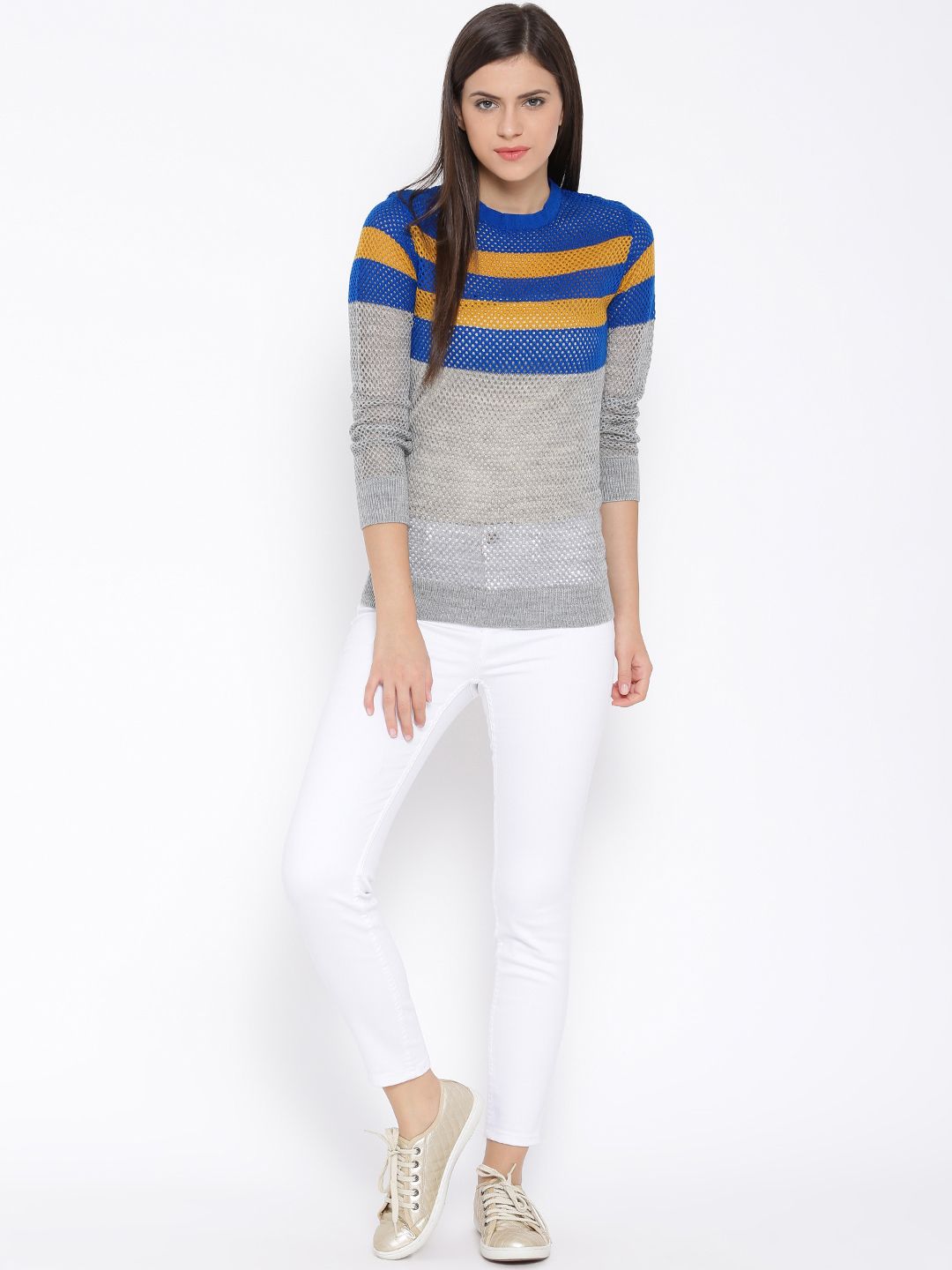 Mast & Harbour Women Blue Striped Open Knit Sweater