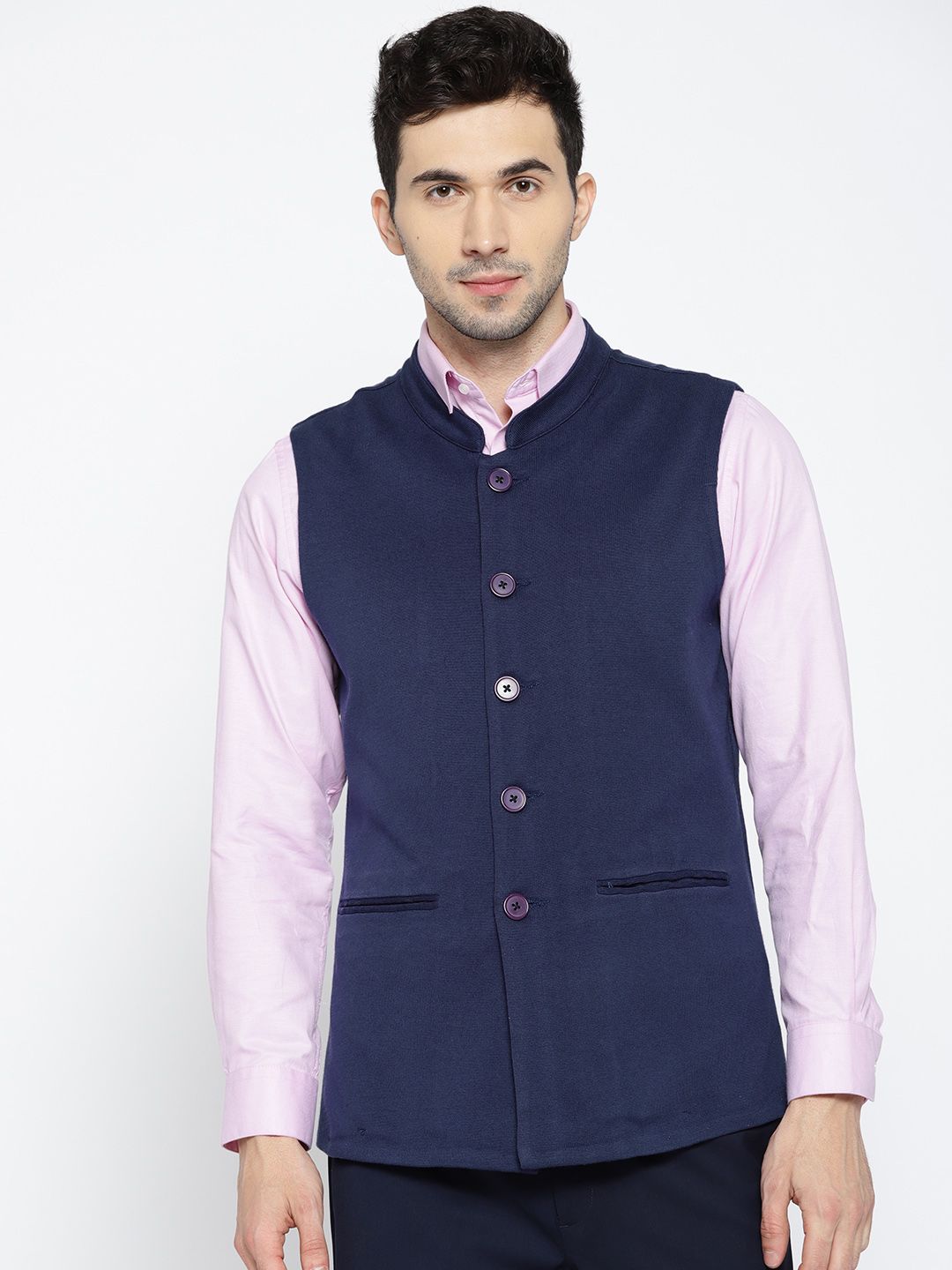 Wills Lifestyle Men Navy Solid Slim Fit Nehru Jacket