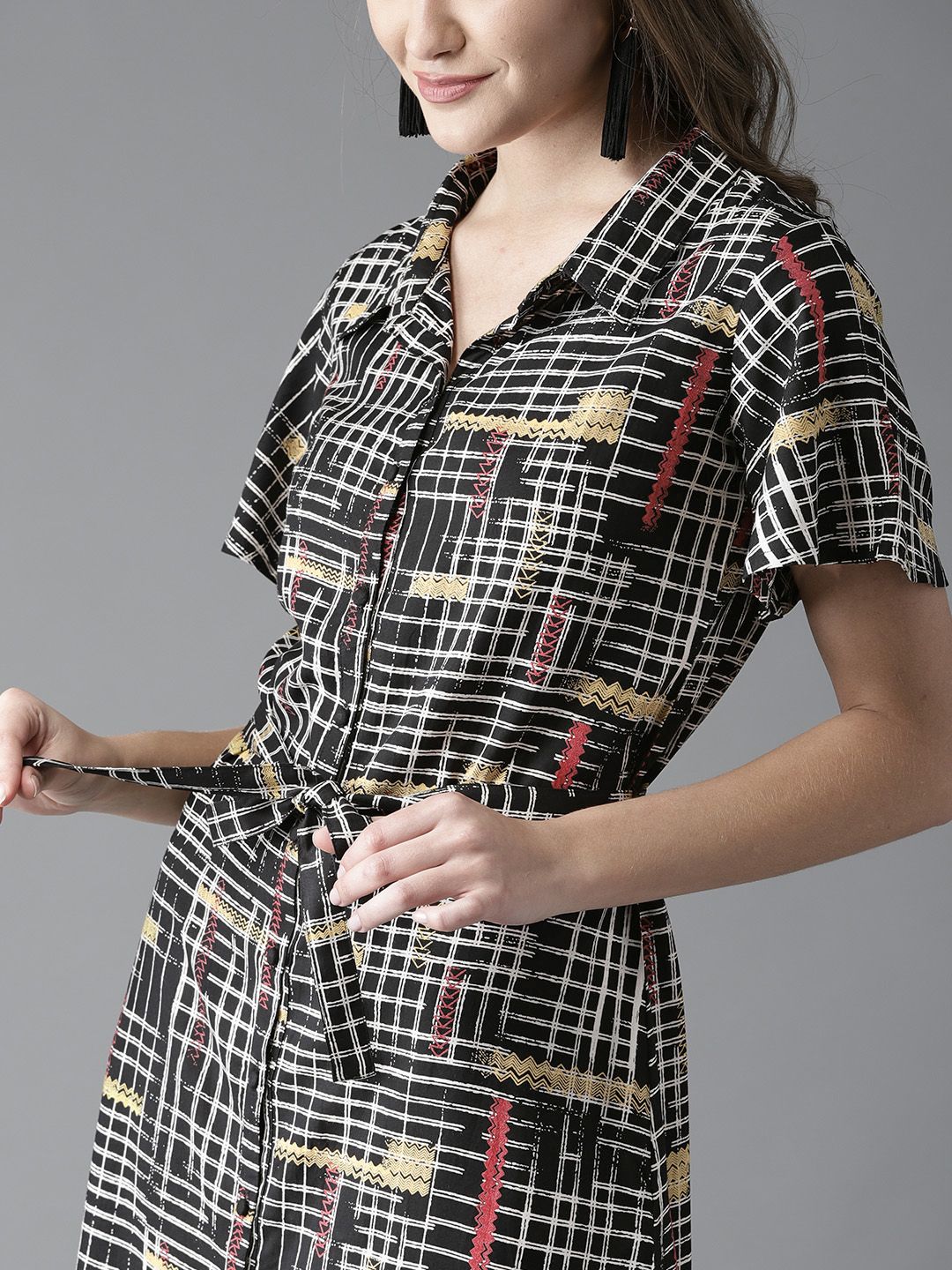 Moda Rapido Women Black & White Checked Midi Shirt Dress