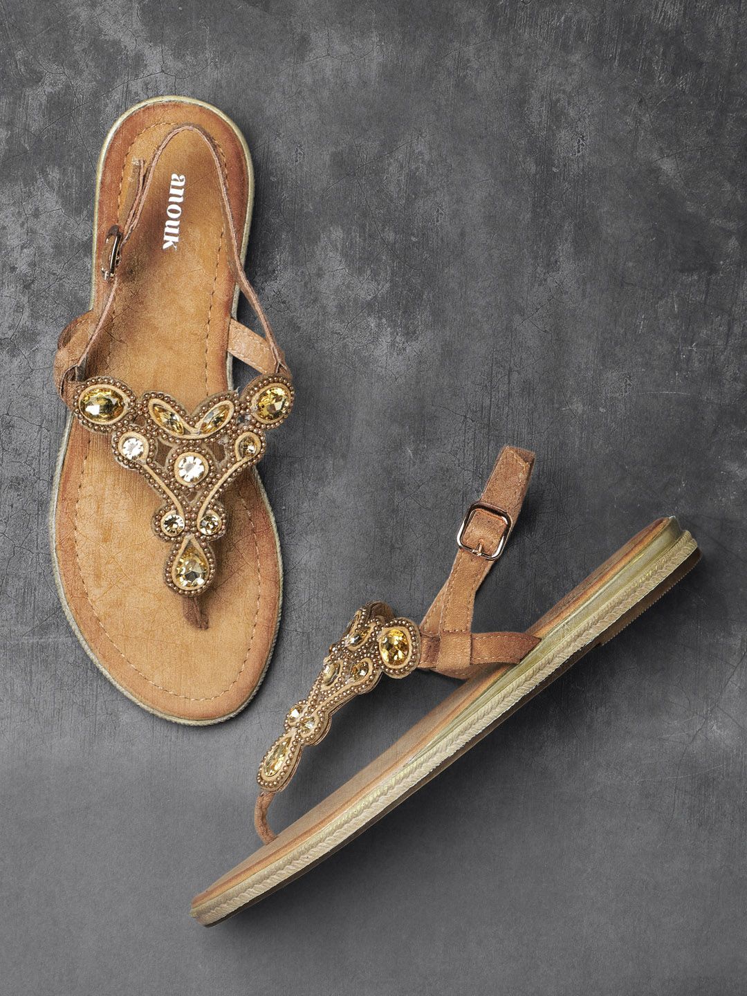 Anouk Women Gold-Toned & Beige Embellished T-Strap Flats
