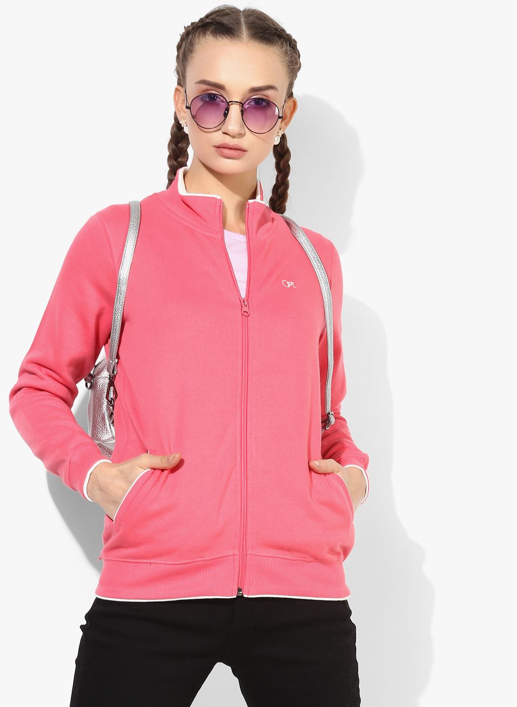 Pink Solid Sweat Jacket