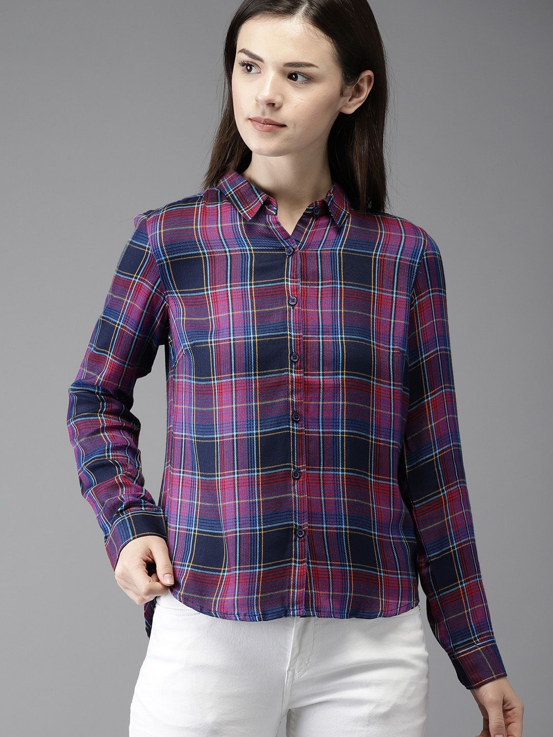 Moda Rapido Women Blue & Red Regular Fit Checked Casual Shirt