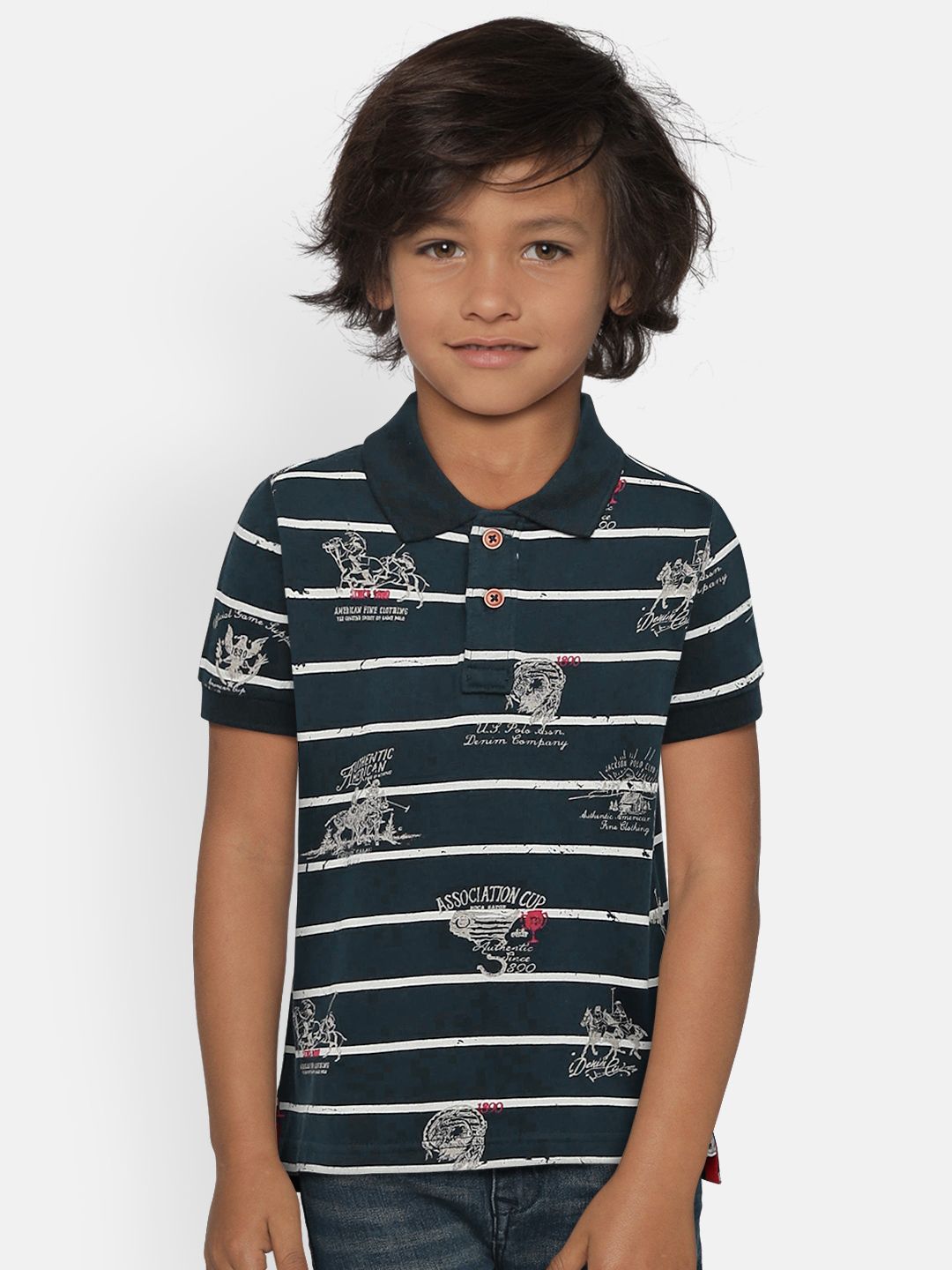 U.S. Polo Assn. Kids Boys Navy Blue Striped Polo Collar T-shirt