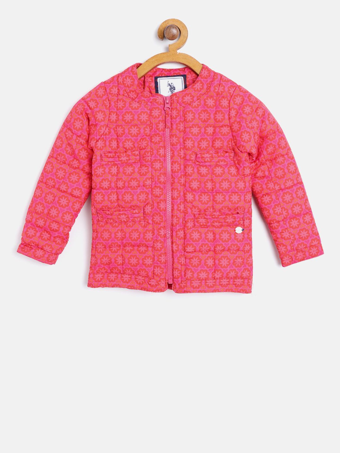 U.S. Polo Assn. Kids Girls Pink & Orange Printed Collarless Quilted Jacket