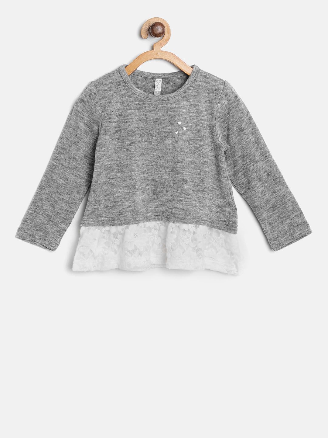 Losan Girls Grey Melange Solid A-Line Top