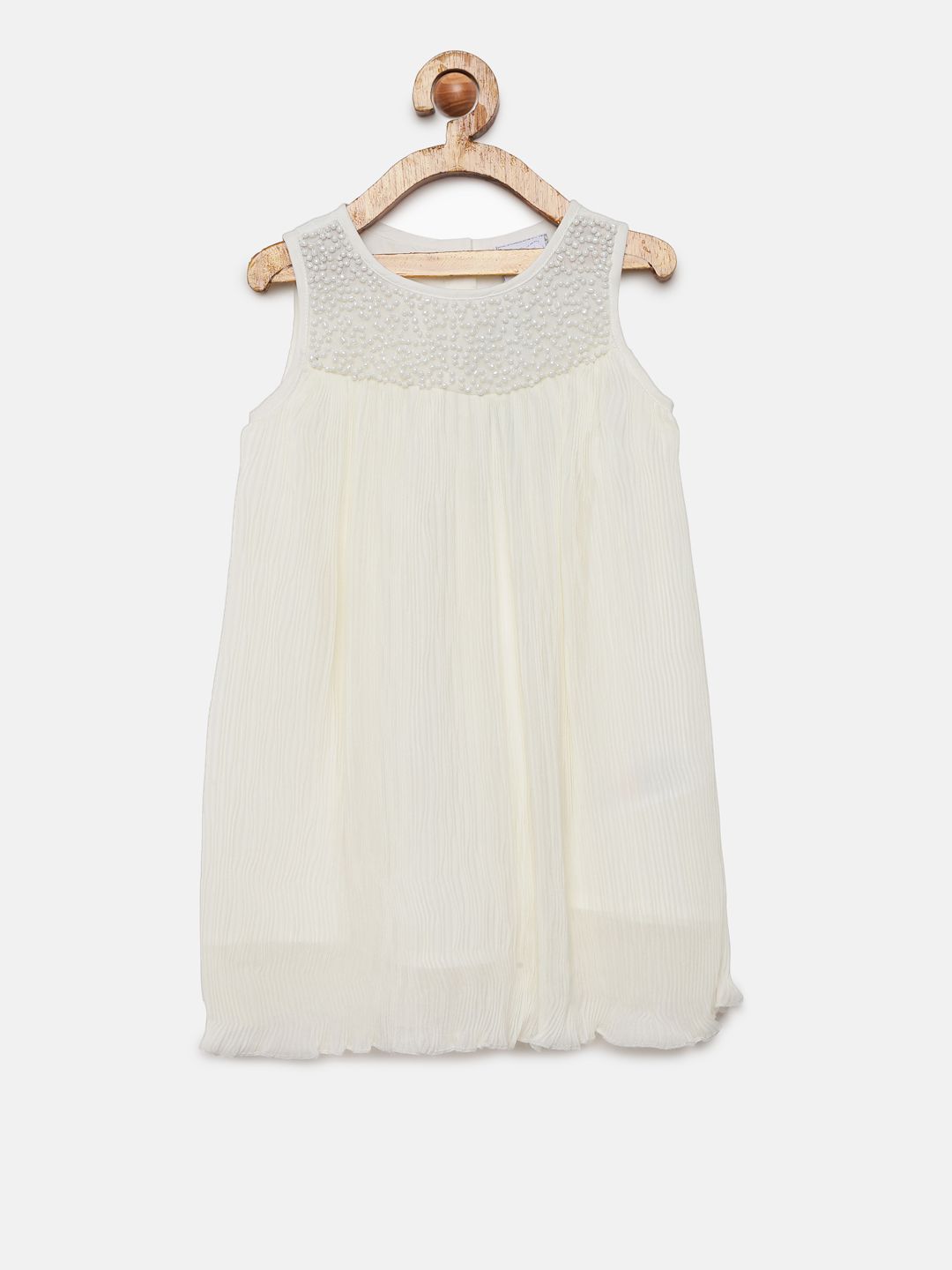 Mini Moi Girls Cream-Coloured Solid Sequin Detailed Fit and Flare Dress